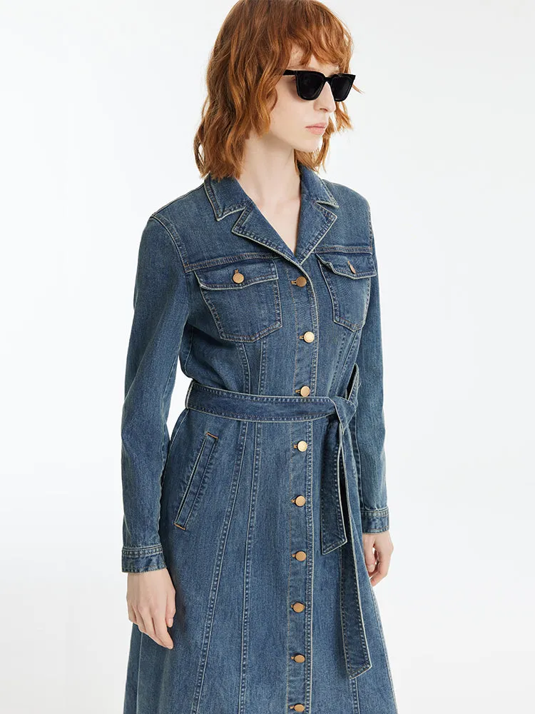 Denim Lapel Single-Breasted Women Midi Dress With Belt