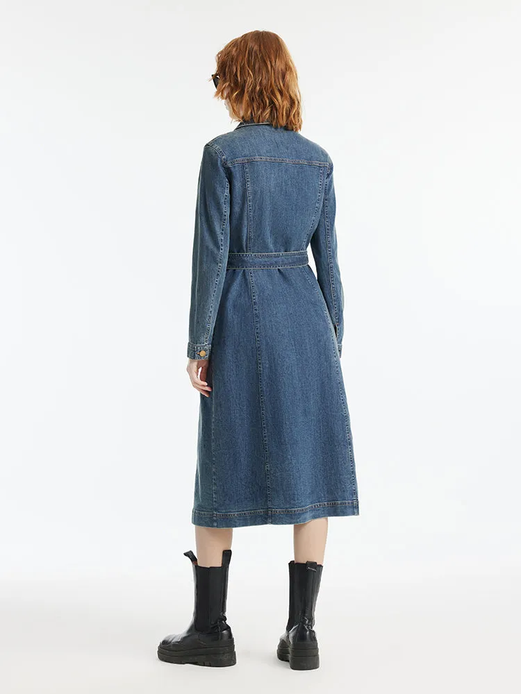 Denim Lapel Single-Breasted Women Midi Dress With Belt