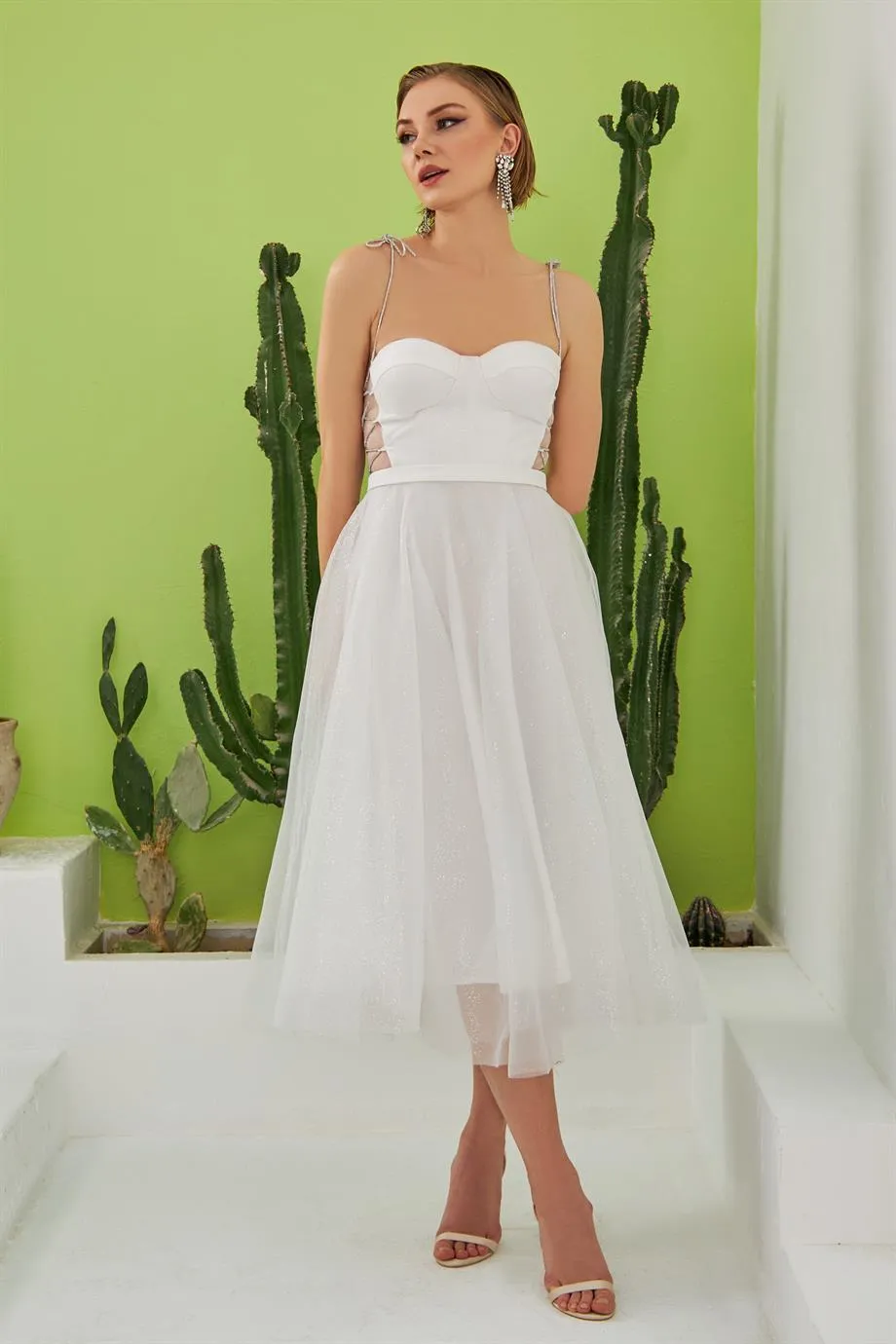 Ecru Tulle Strap Princess Midi Promise and Wedding Dress