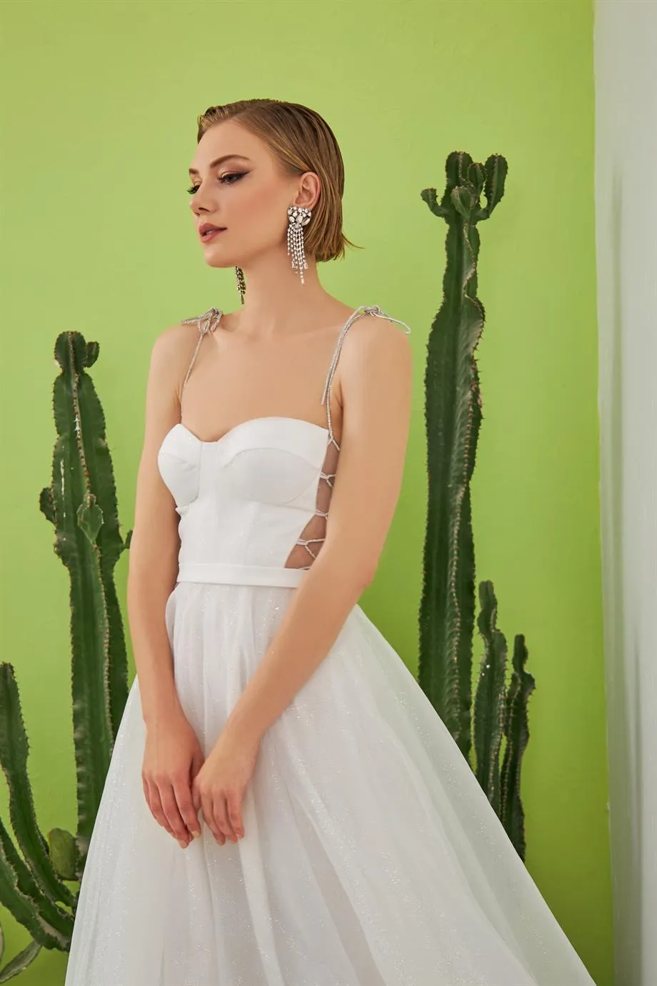 Ecru Tulle Strap Princess Midi Promise and Wedding Dress