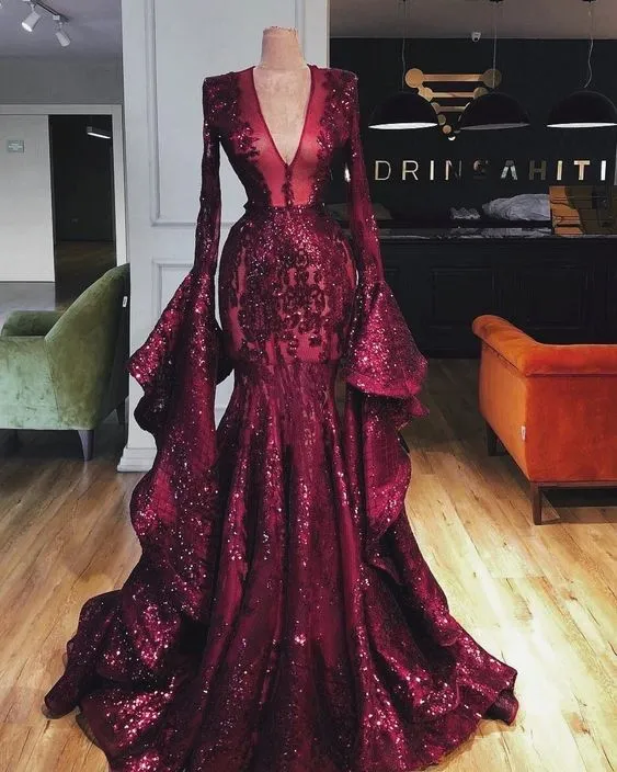 flare sleeve evening dresses 2020 deep v neck sparkly mermaid modest elegant burgundy evening gown 2021