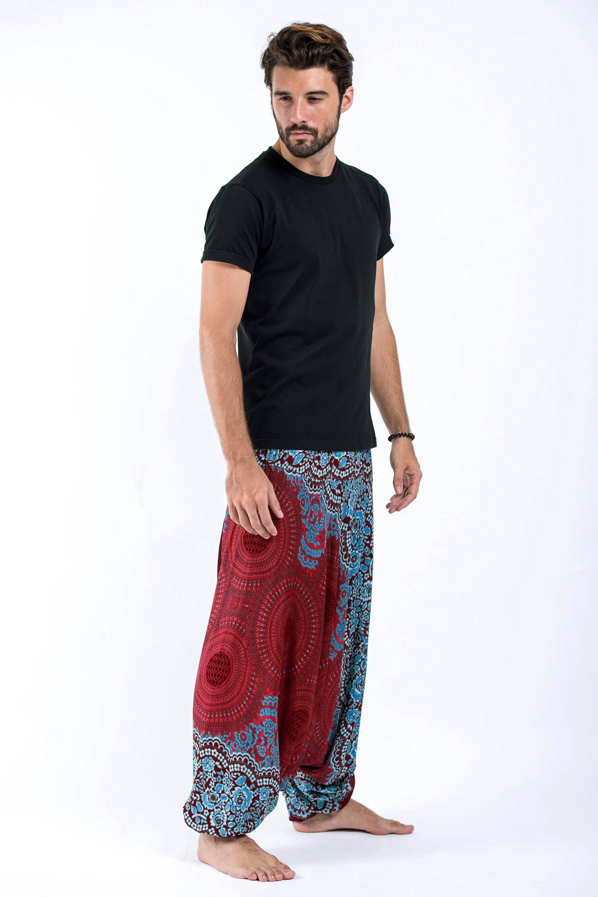 Geometric Mandalas Drop Crotch Men's Harem Pants in Red