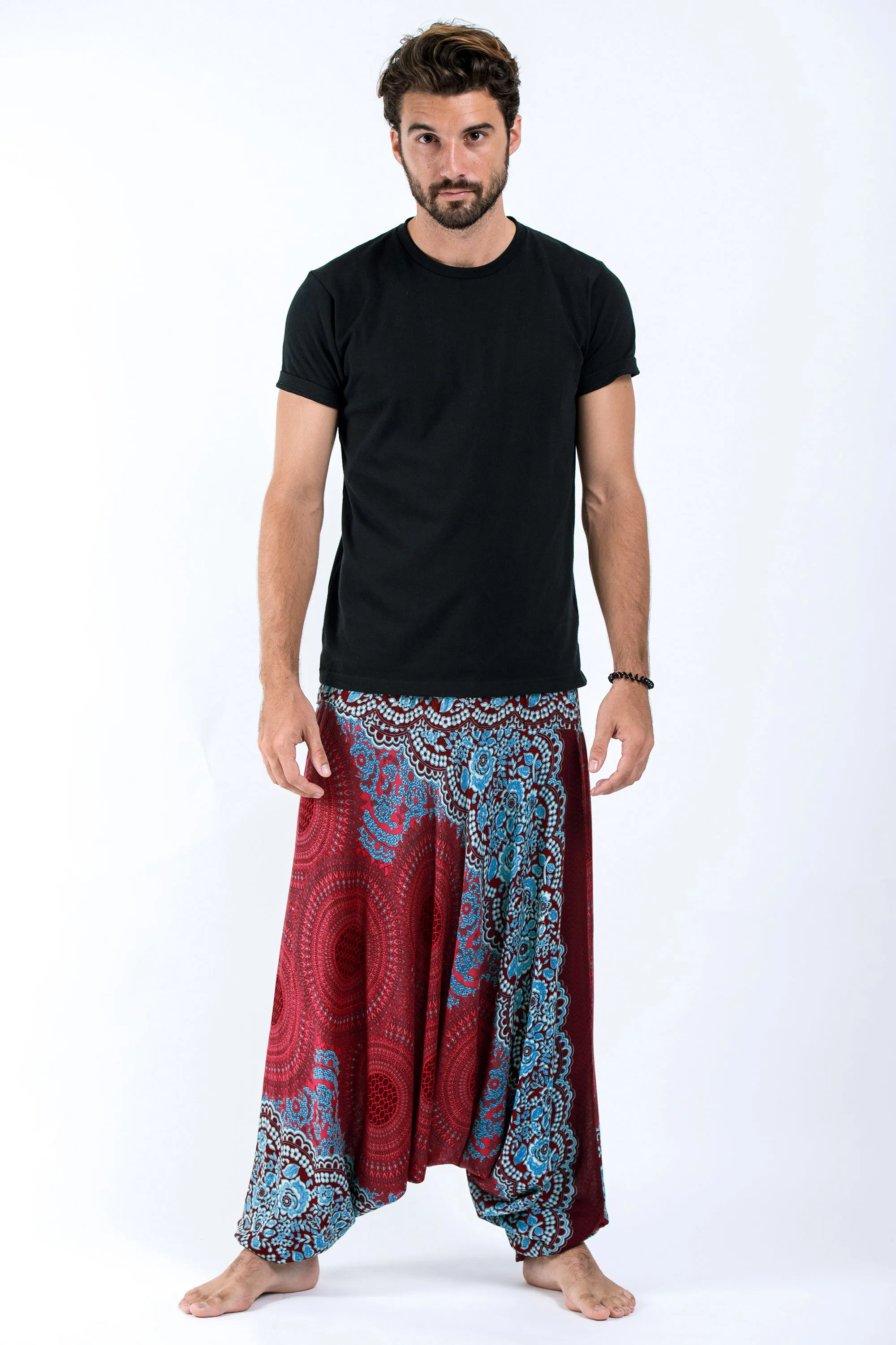 Geometric Mandalas Drop Crotch Men's Harem Pants in Red