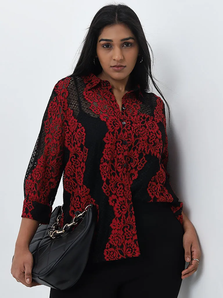 Gia Black & Red Floral Lace Shirt with Camisole