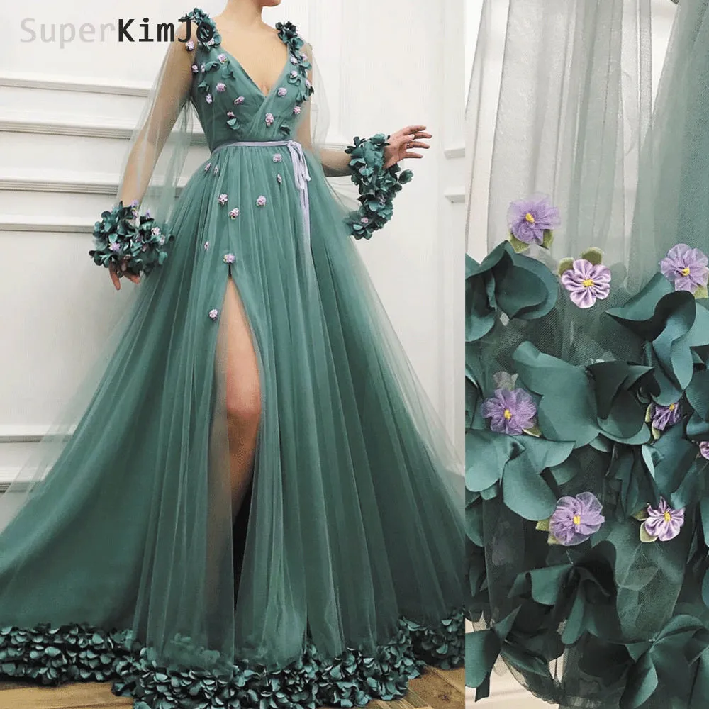 green prom dresses 2020 flare sleeve 3d flowers elegant v neck modest prom gowns vestido de festa