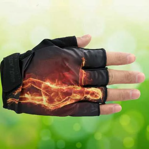 GREEN TEAM MTB Mountain Motocross Cycling Glove Bike Bicycle Sports Antiskid Fire Print Half Finger Gloves