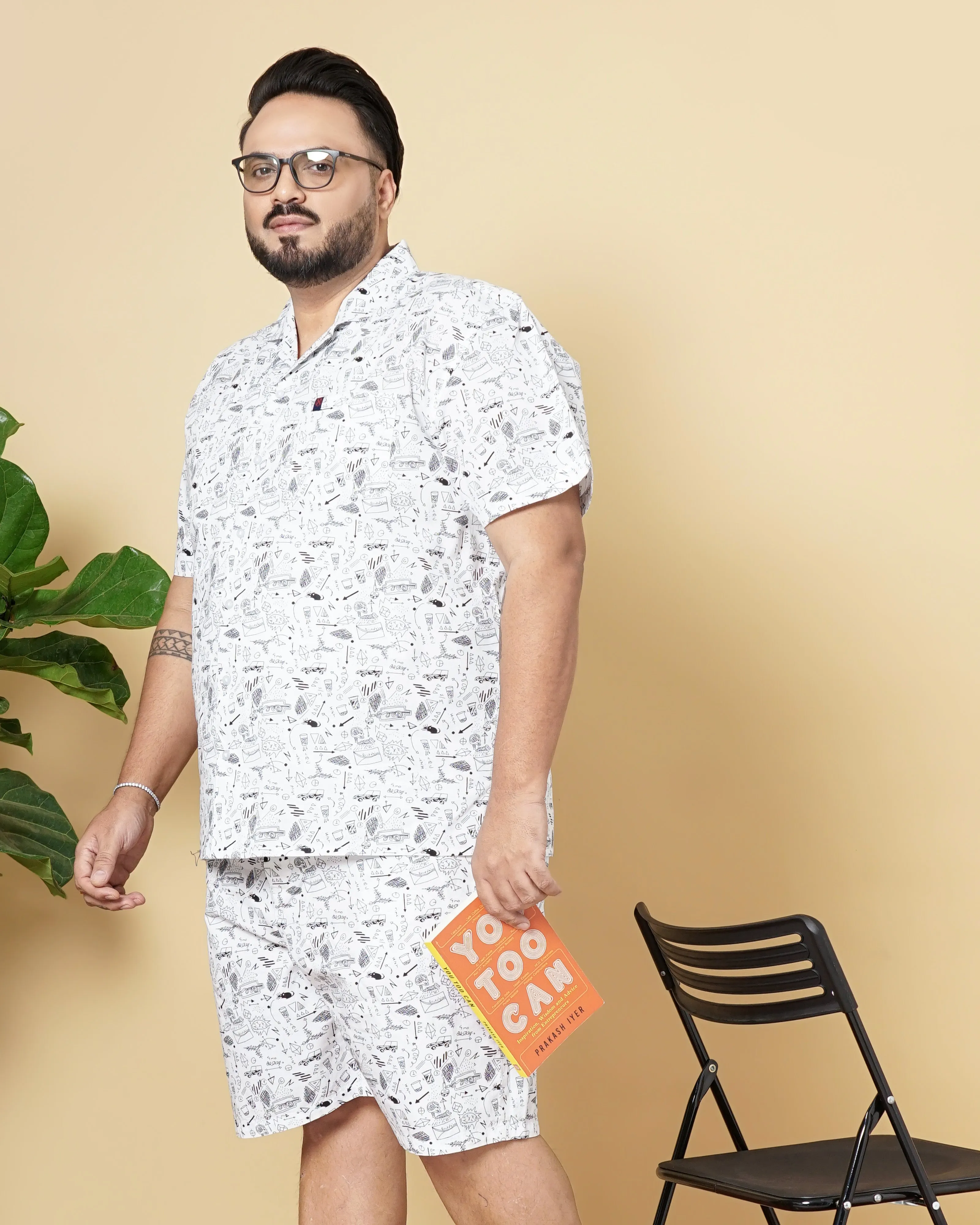 Hardsoda Men White Plus Size Geometric Printed Lounge Set