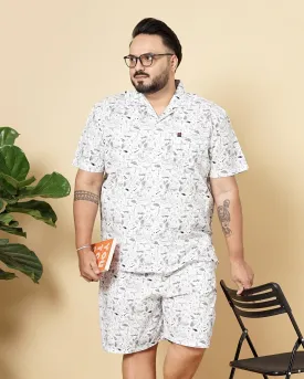 Hardsoda Men White Plus Size Geometric Printed Lounge Set