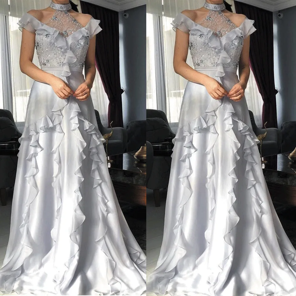 high neck beaded prom dresses long chiffon silver tiered elegant cheap prom gown 2020 vestido de Longo