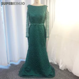 hunter green evening dresses long mermaid beaded elegant long sleeve luxury evening gown robe de soiree