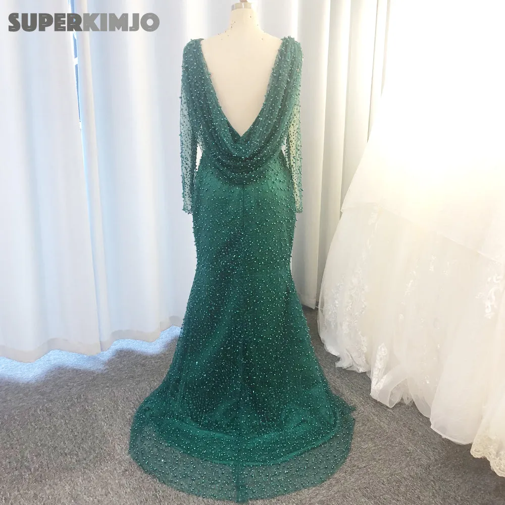 hunter green evening dresses long mermaid beaded elegant long sleeve luxury evening gown robe de soiree