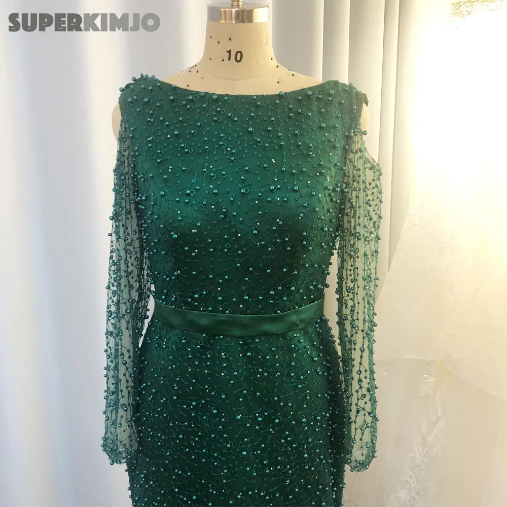 hunter green evening dresses long mermaid beaded elegant long sleeve luxury evening gown robe de soiree