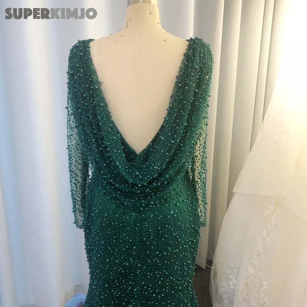 hunter green evening dresses long mermaid beaded elegant long sleeve luxury evening gown robe de soiree