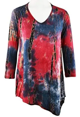 Impulse California Red & Blue Tie Dye, Asymmetric Hem, V-Neck 3/4 Sleeve Tunic