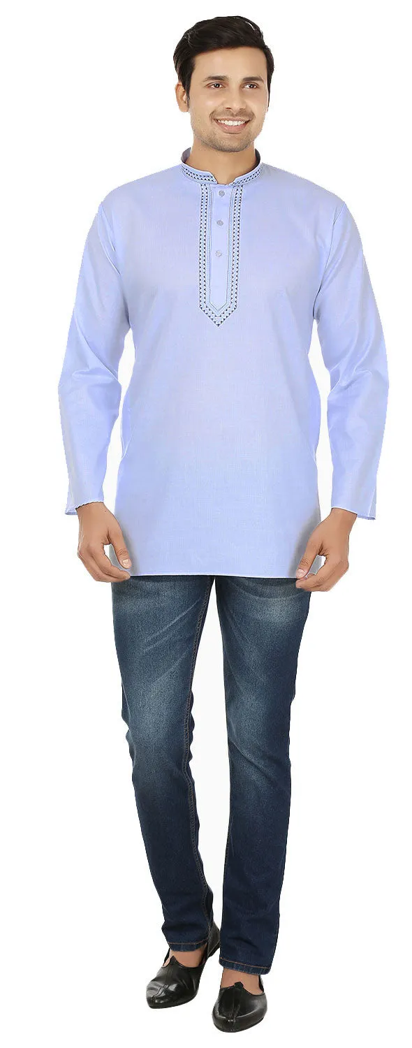 India Clothing Cotton Short Kurta Shirt for Men (Light Blue)