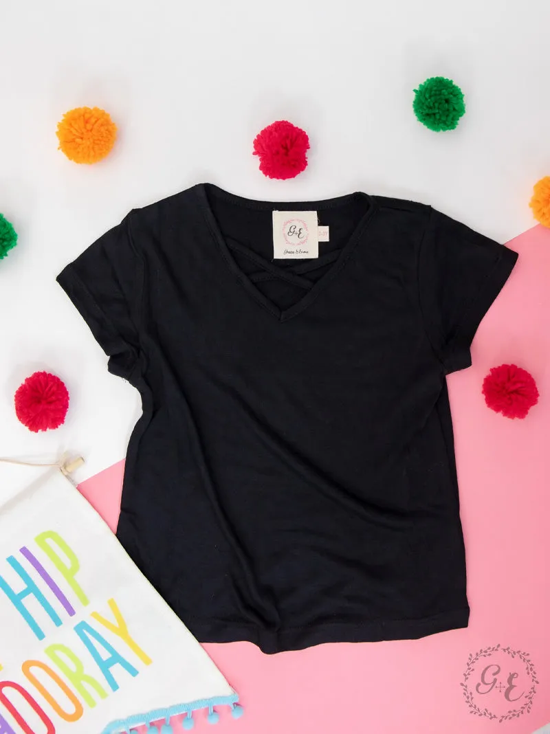 Kids Black Criss Cross V-neck Bestie Tee