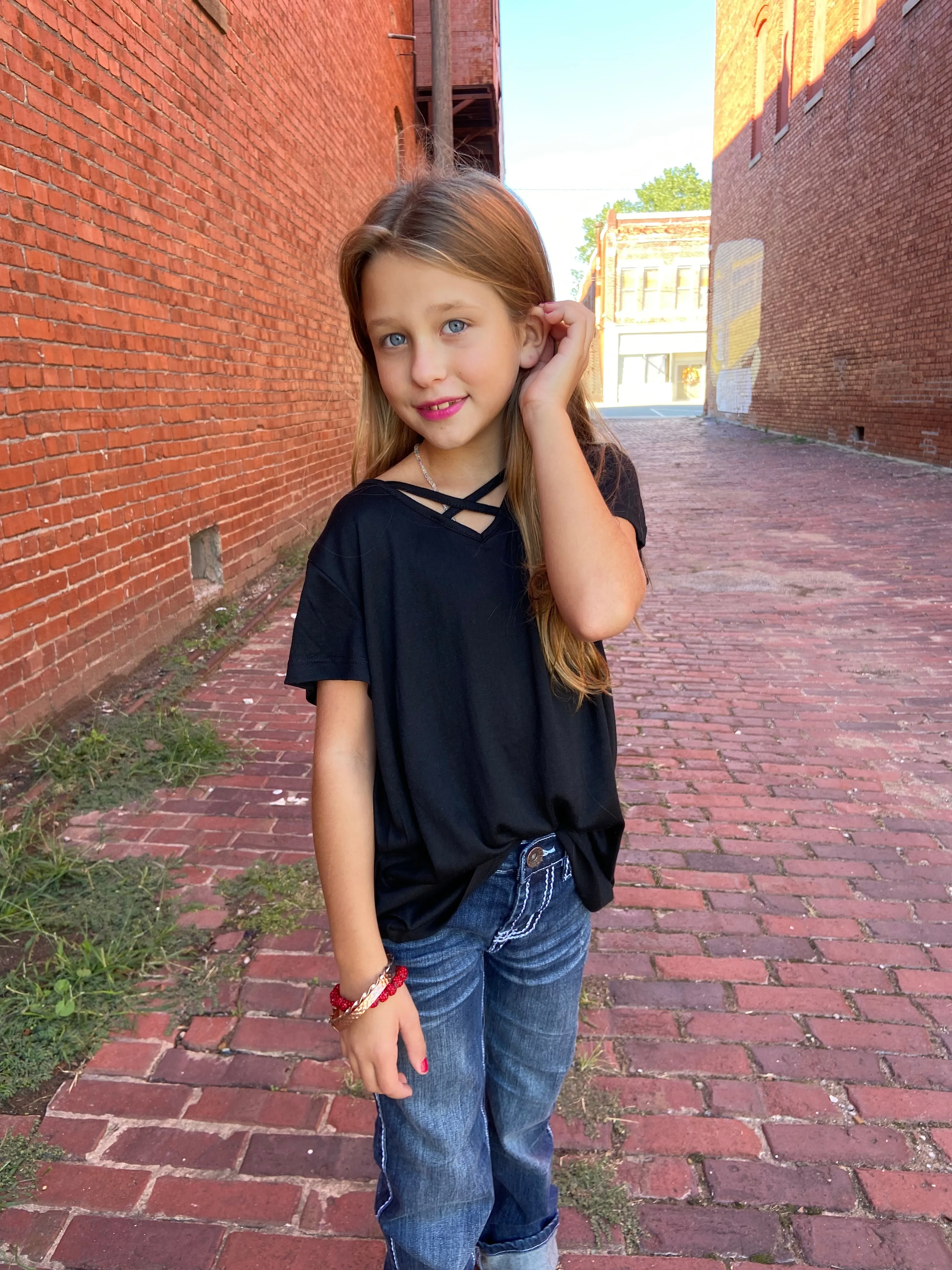 Kids Black Criss Cross V-neck Bestie Tee