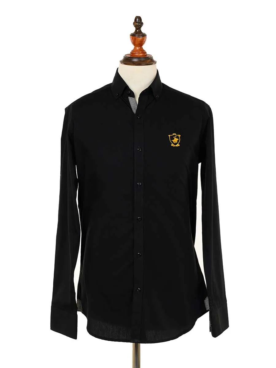 Kings Club Couture Shirt Button Down Regular Fit Shield Black Textured Woven Cotton Blend with Embroidered Logo KCSHHS02