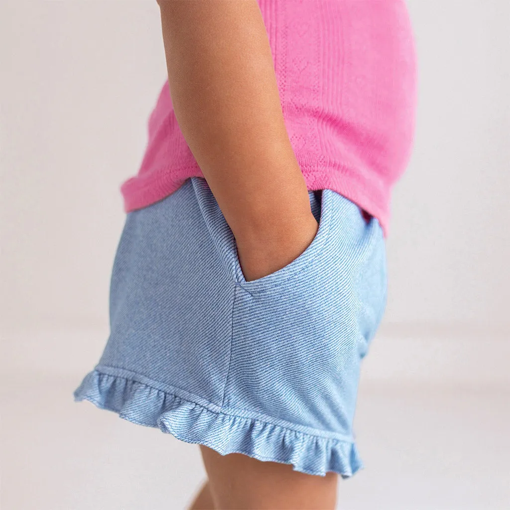 Light Blue Denim French Terry Ruffled Shorts