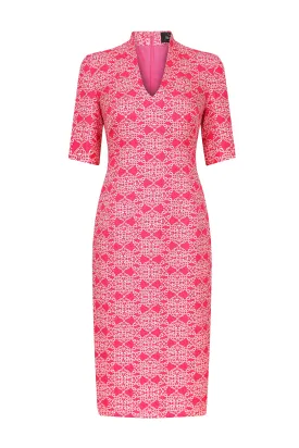 Longer Length Silk/Wool Shift Dress with Sleeves in Fuchsia and Ivory Matelassé - Em