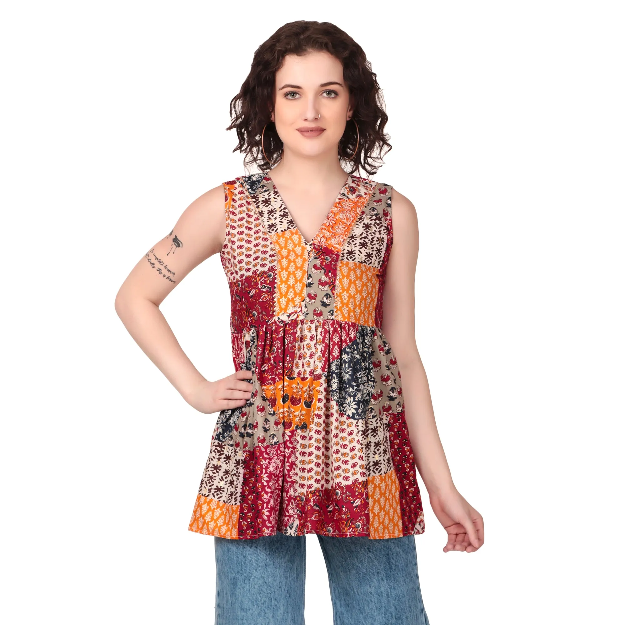 Magnetism  patch work printed cotton Top for Women