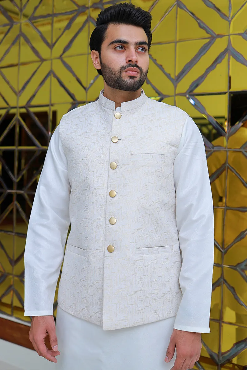 Men Jamawar Premium Waistcoat White