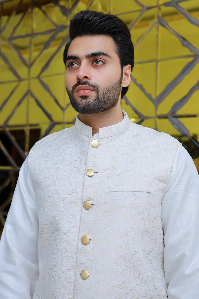 Men Jamawar Premium Waistcoat White