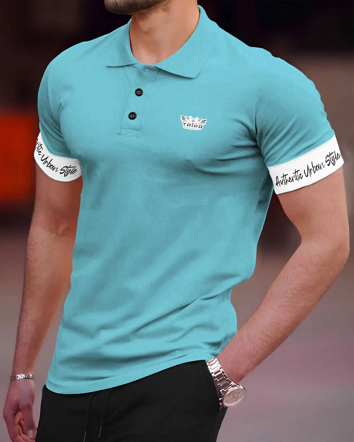 Men Polo Collar Skyblue White Contrast T-shirt