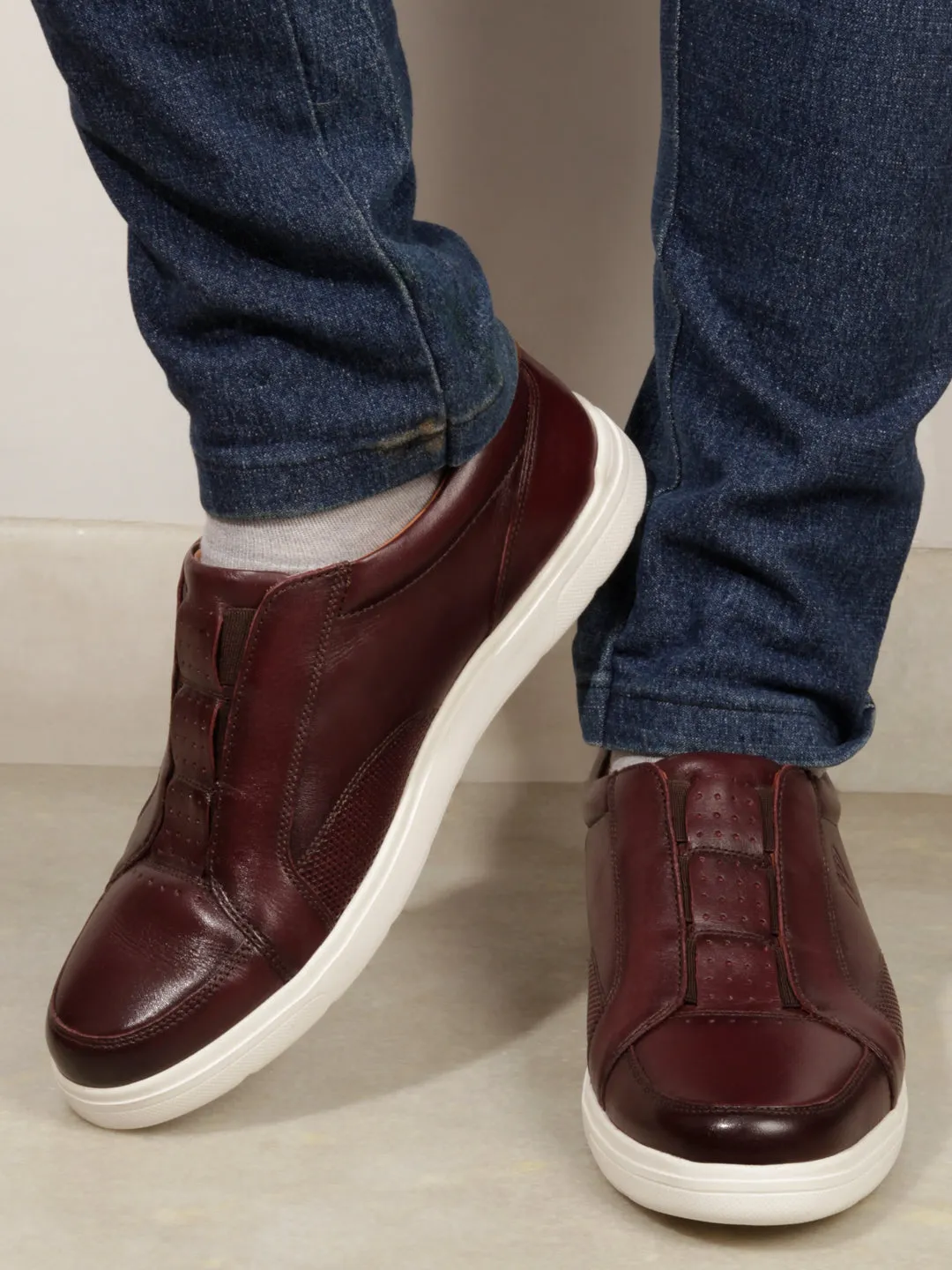 Mens Stylish Wine Leather Sneakers - Comfortable and Trendy Footwear (ID3088)