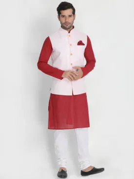 Men's Red Cotton Blend Kurta, Pink Ethnic Jacket and Pyjama Set