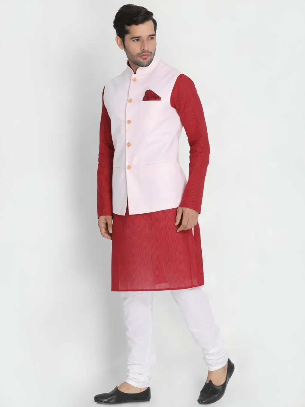 Men's Red Cotton Blend Kurta, Pink Ethnic Jacket and Pyjama Set