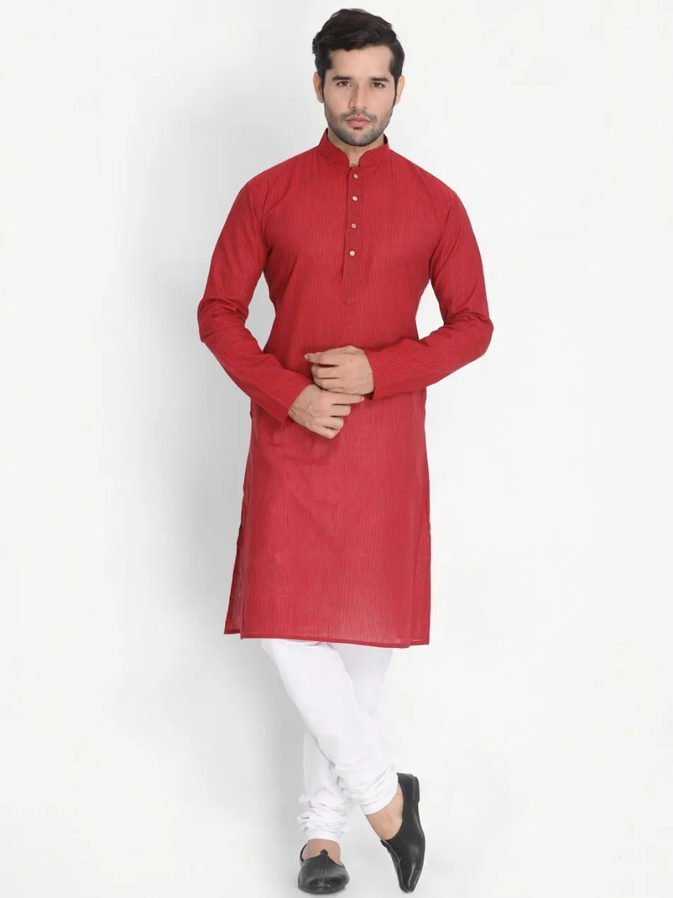 Men's Red Cotton Blend Kurta, Pink Ethnic Jacket and Pyjama Set