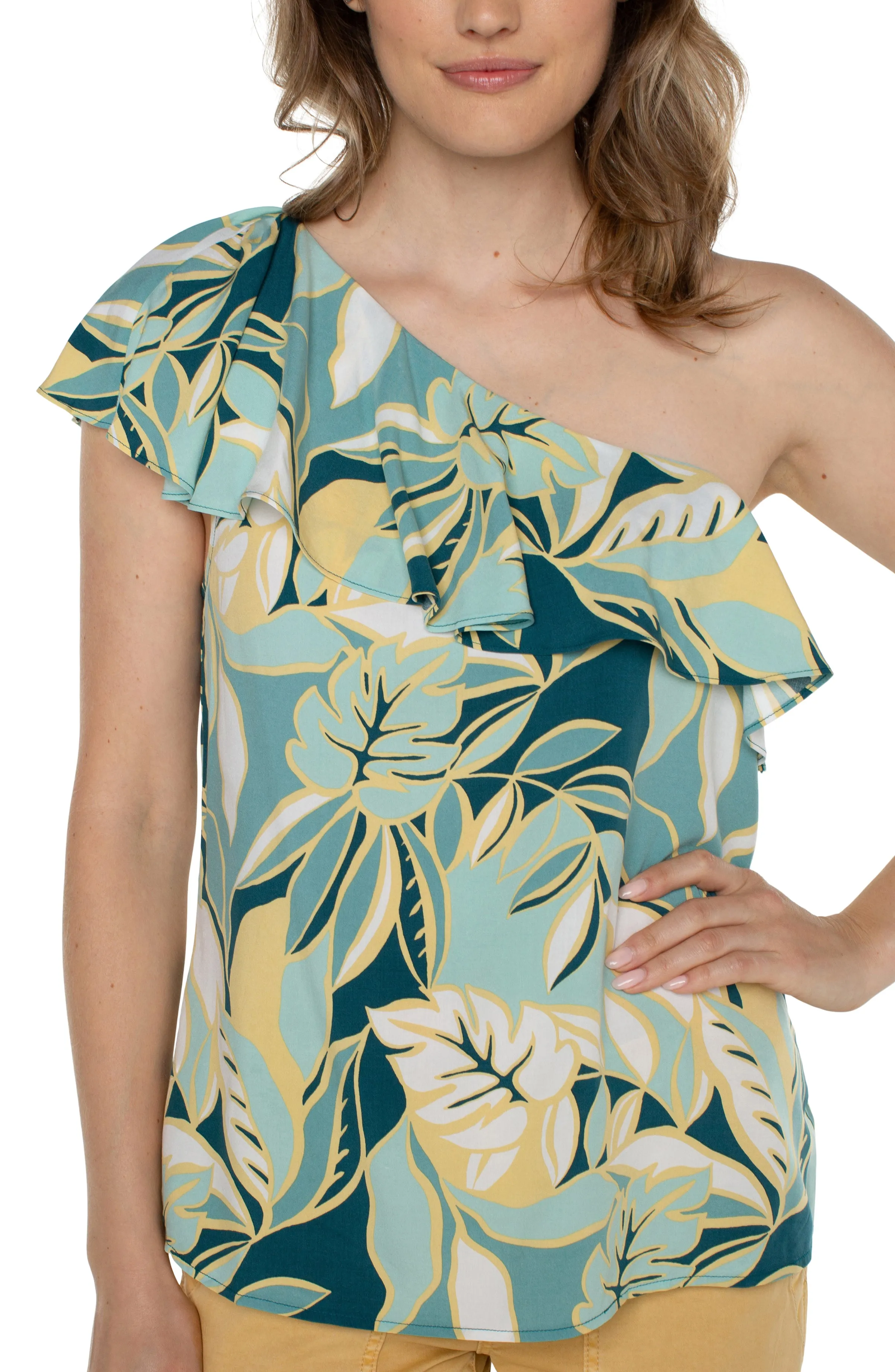 ONE SHOULDER RUFFLE PRINTED WOVEN TOP