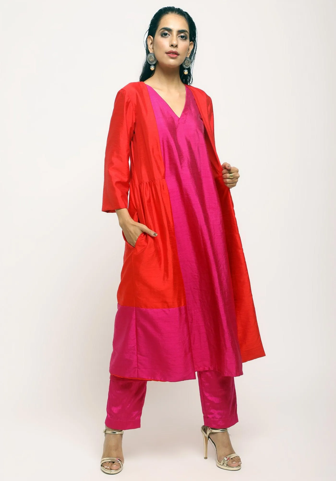 Orange Pink Jacket Kurta Set