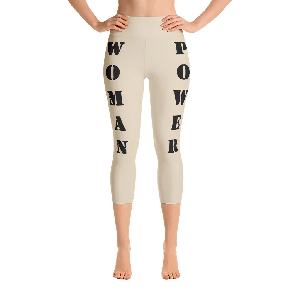 Our best viral yoga capri leggings with woman power - Beige Color with Black Letters