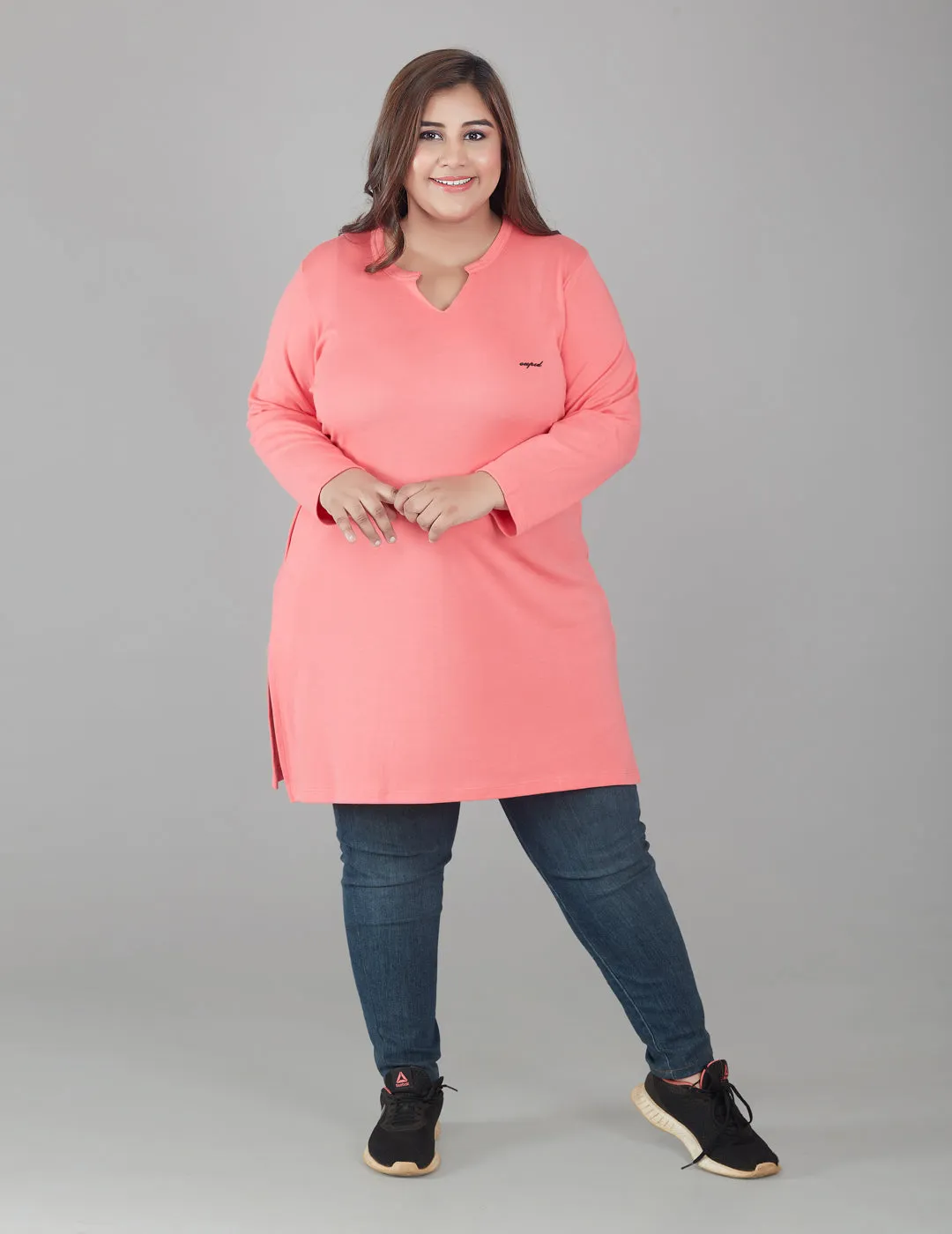 Plus Size Full Sleeves Long Top For Women - Pink