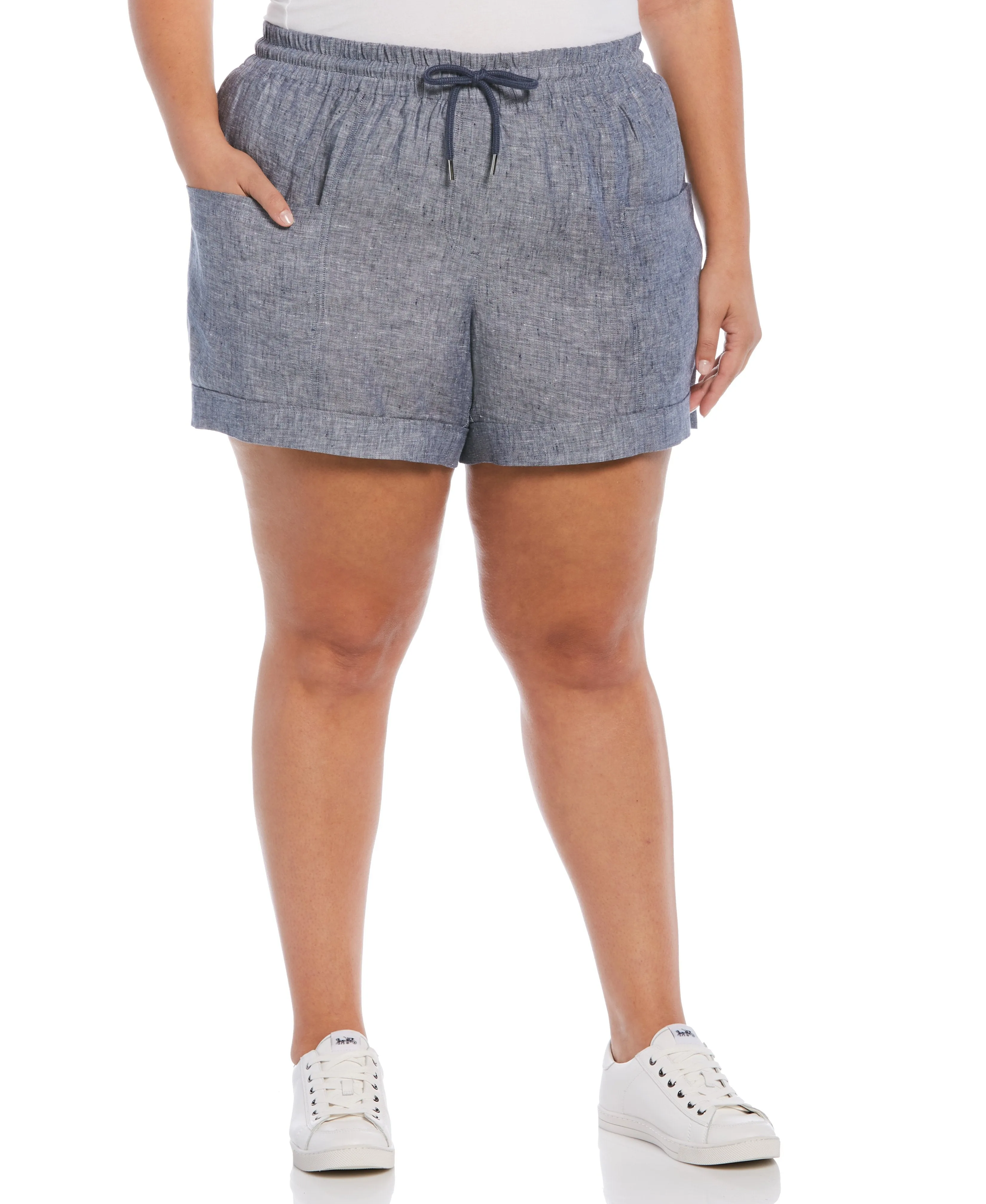 Plus Size Seamed Linen Drawstring Short