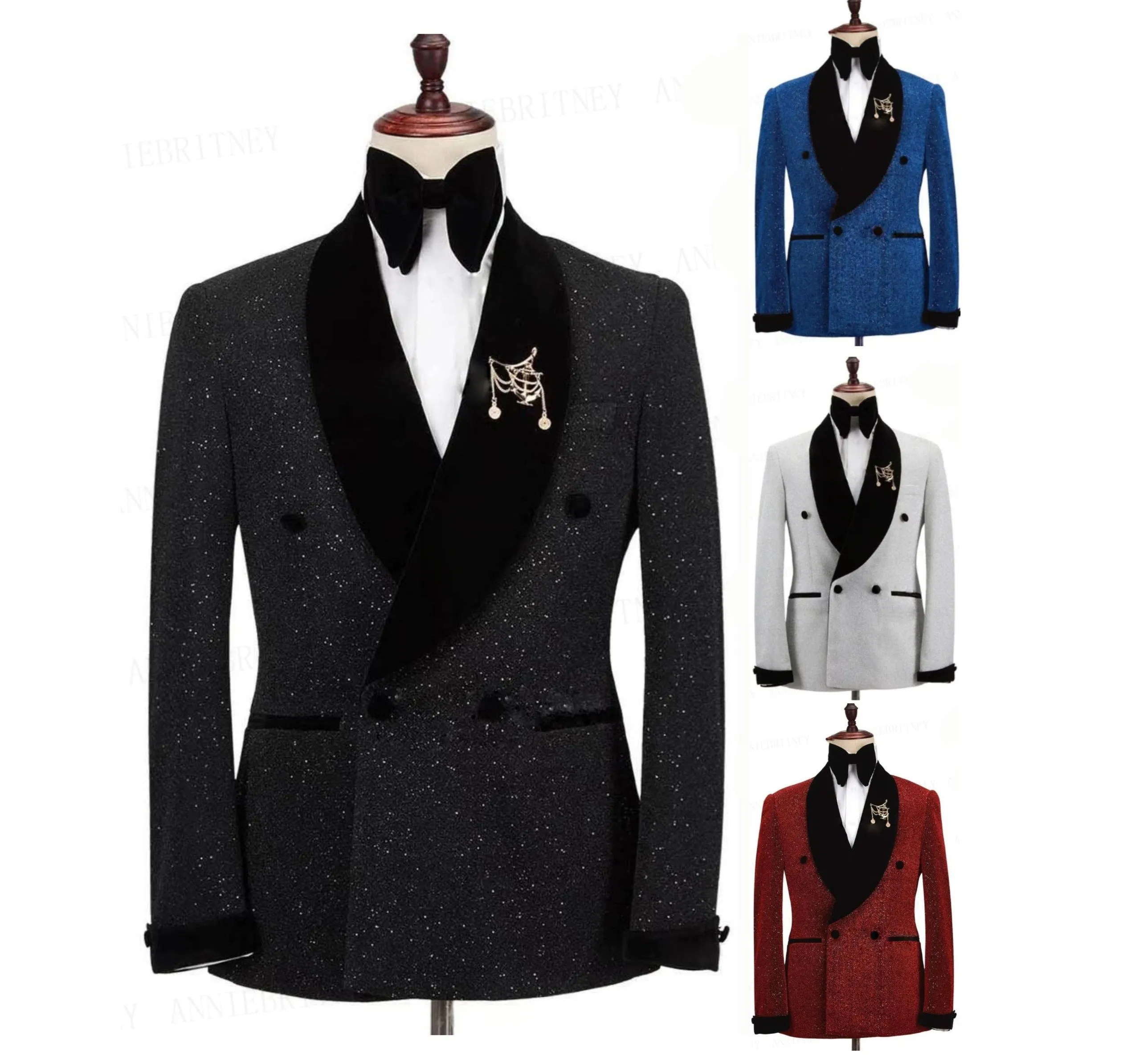 Shining Jacket With Pants Set Suits 2 Pieces Groom Tuxedos Black Flat Velvet Shawl Collar Wedding Suits Tuxedos | LL830