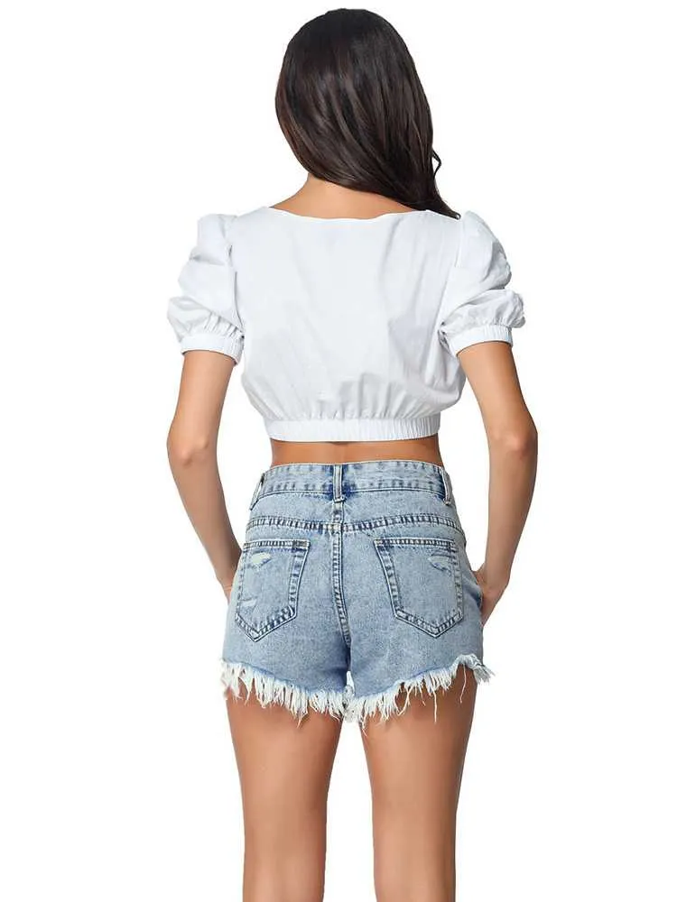 Slimming Ripped Frayed Fringed High Waisted Fringe Denim Shorts