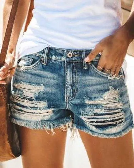 Slimming Ripped Frayed Fringed High Waisted Fringe Denim Shorts