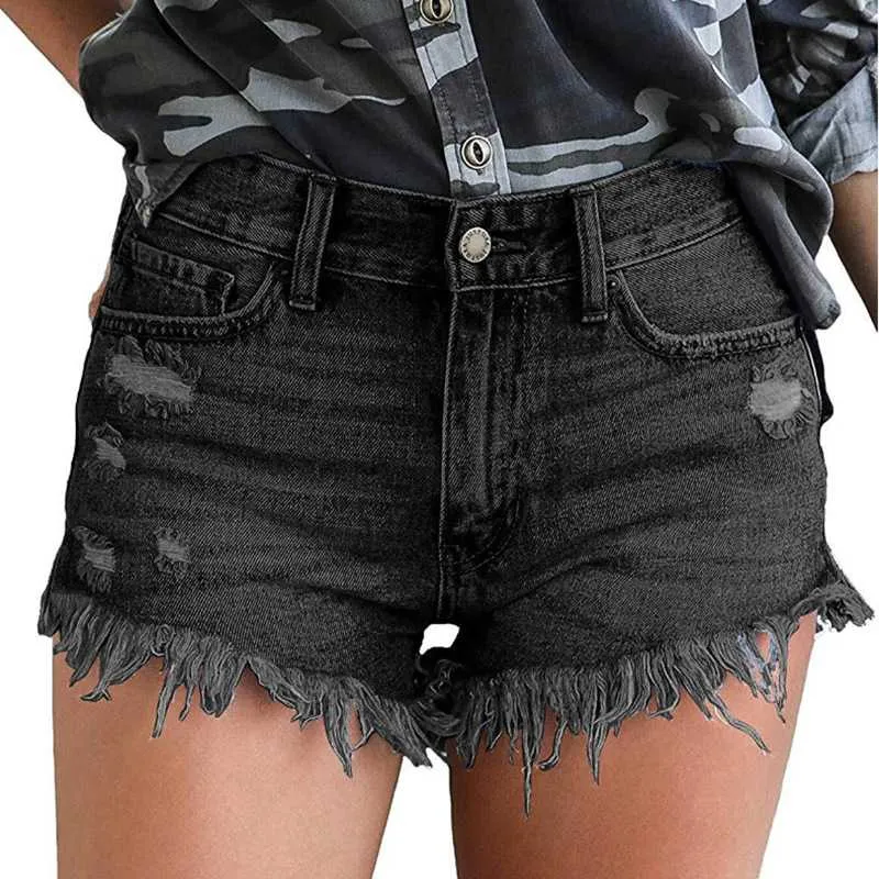 Slimming Ripped Frayed Fringed High Waisted Fringe Denim Shorts