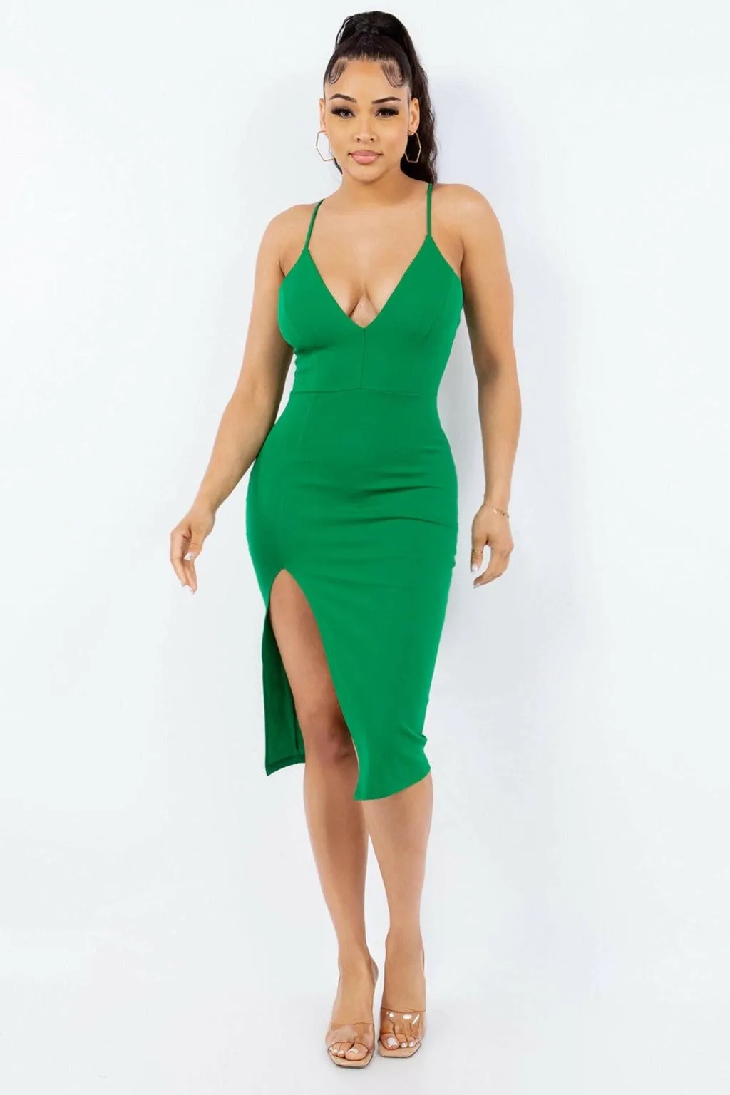 Talia Belted Eleggant Midi Dress-Green