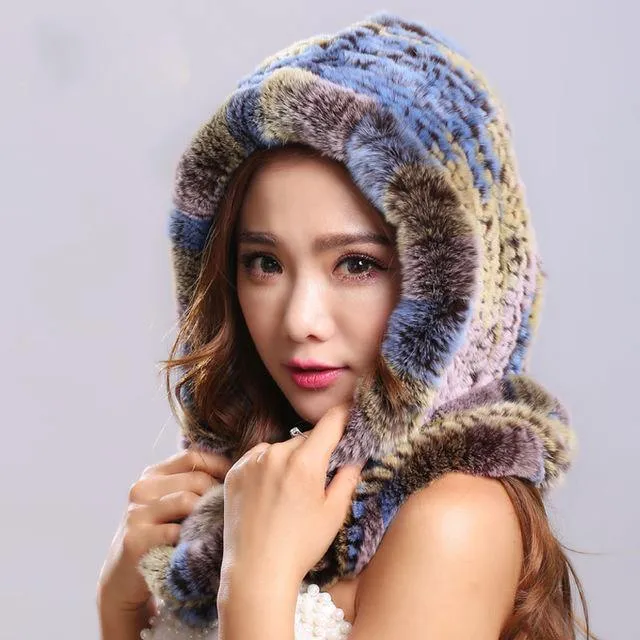 Thick autumn winter warm real rabbit fur scarf and hat