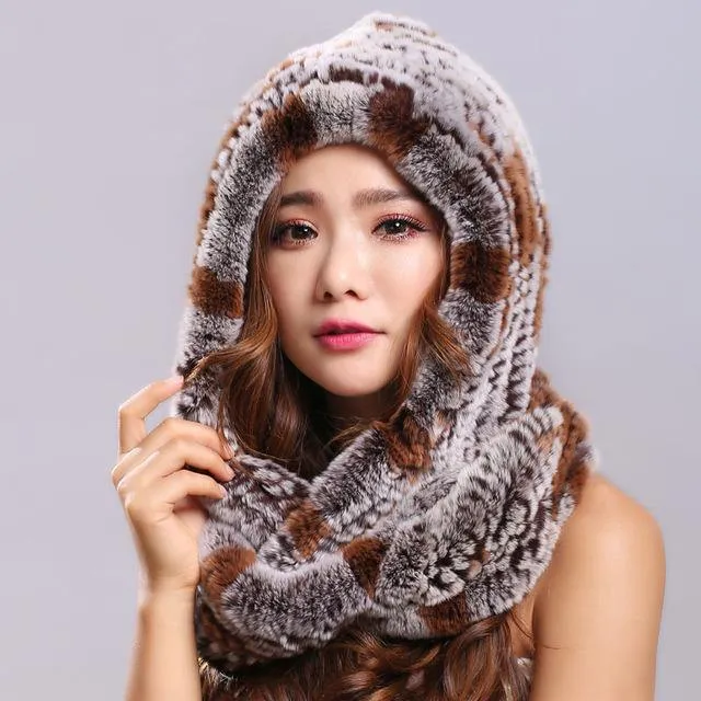 Thick autumn winter warm real rabbit fur scarf and hat