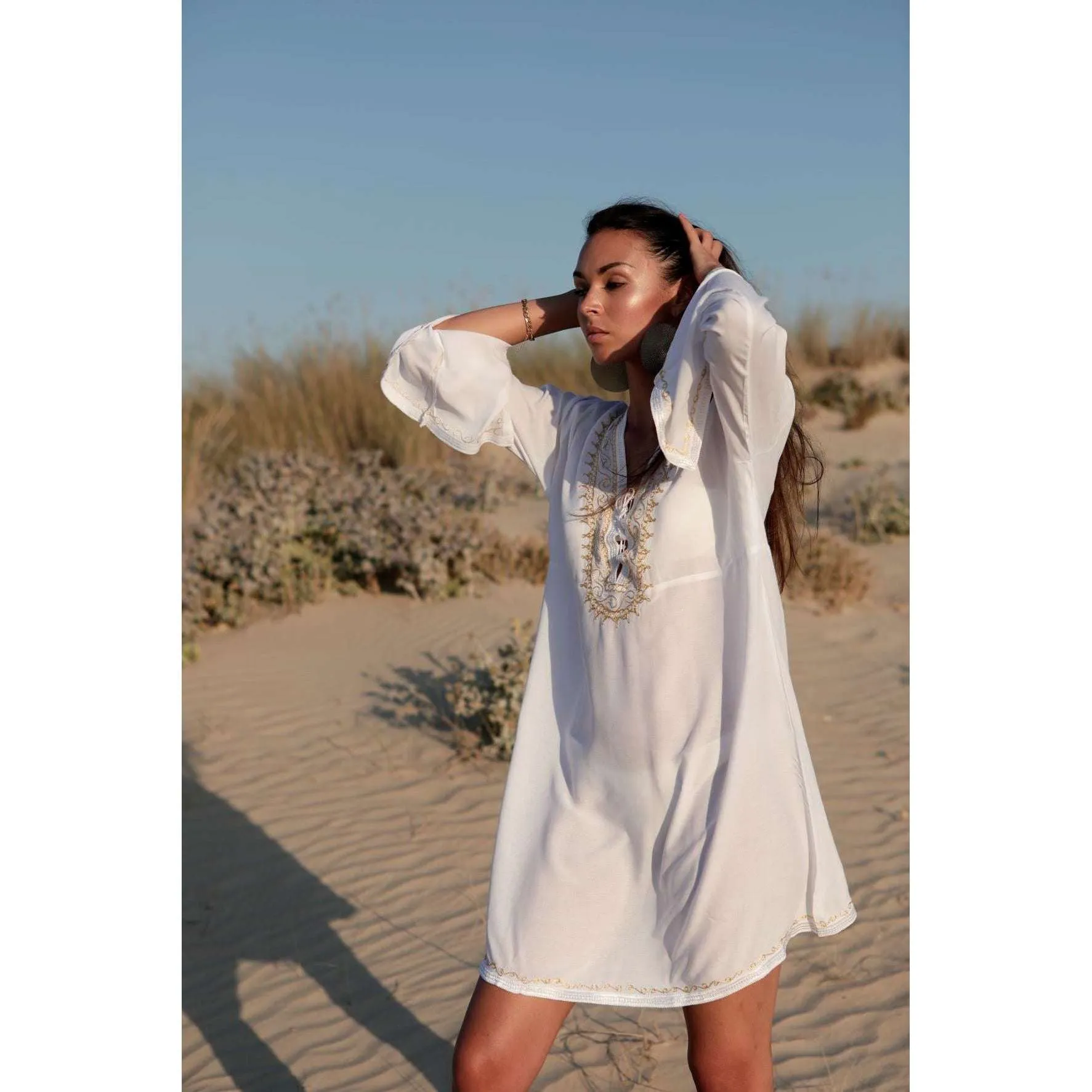 White & Gold Marrakech Moroccan Boho Tunic- Moroccan Tunic