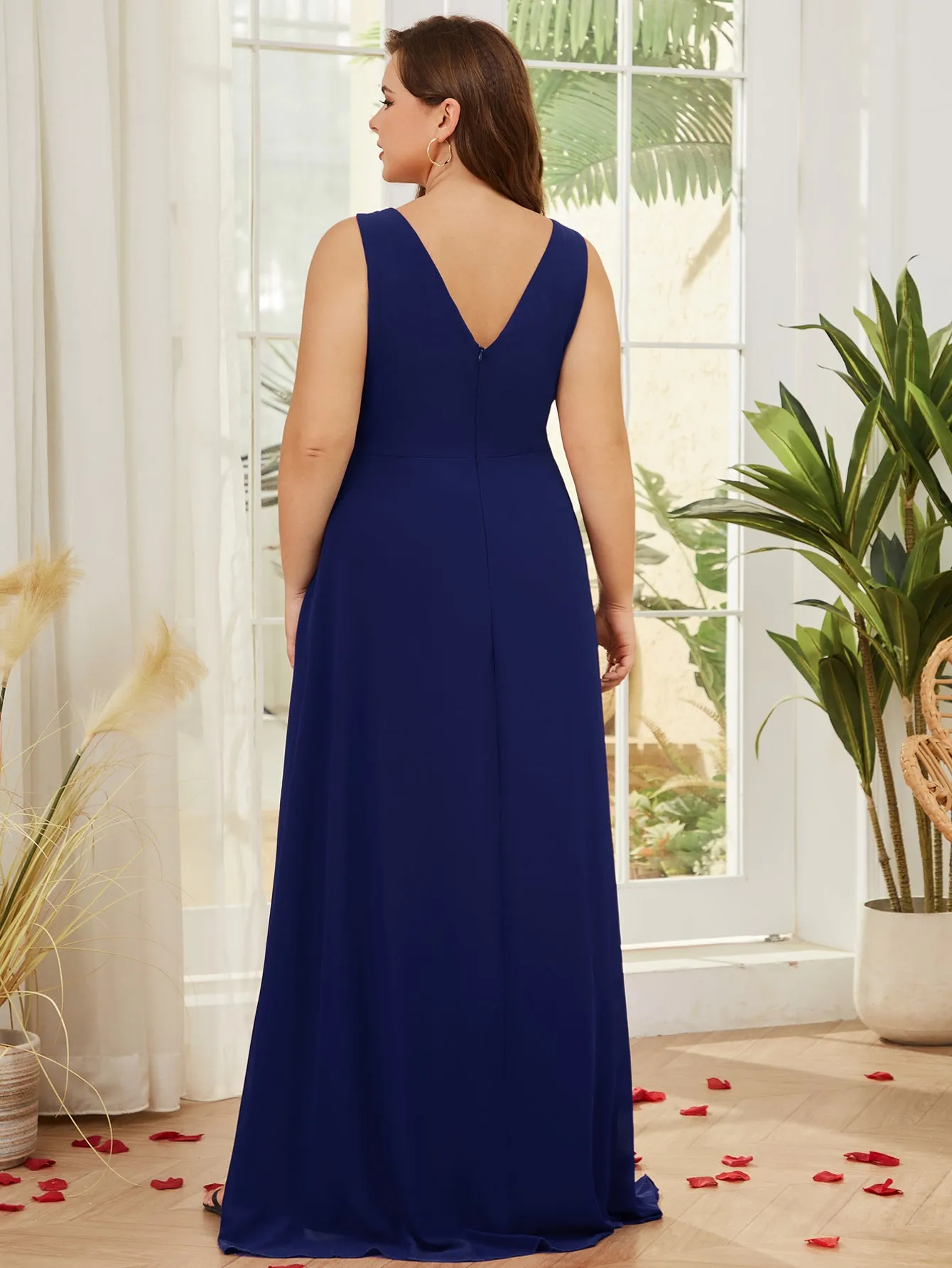 Women Plus Size V-neck Chiffon Split High Low Bridesmaid Dresses