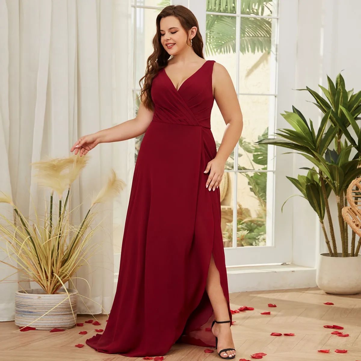 Women Plus Size V-neck Chiffon Split High Low Bridesmaid Dresses