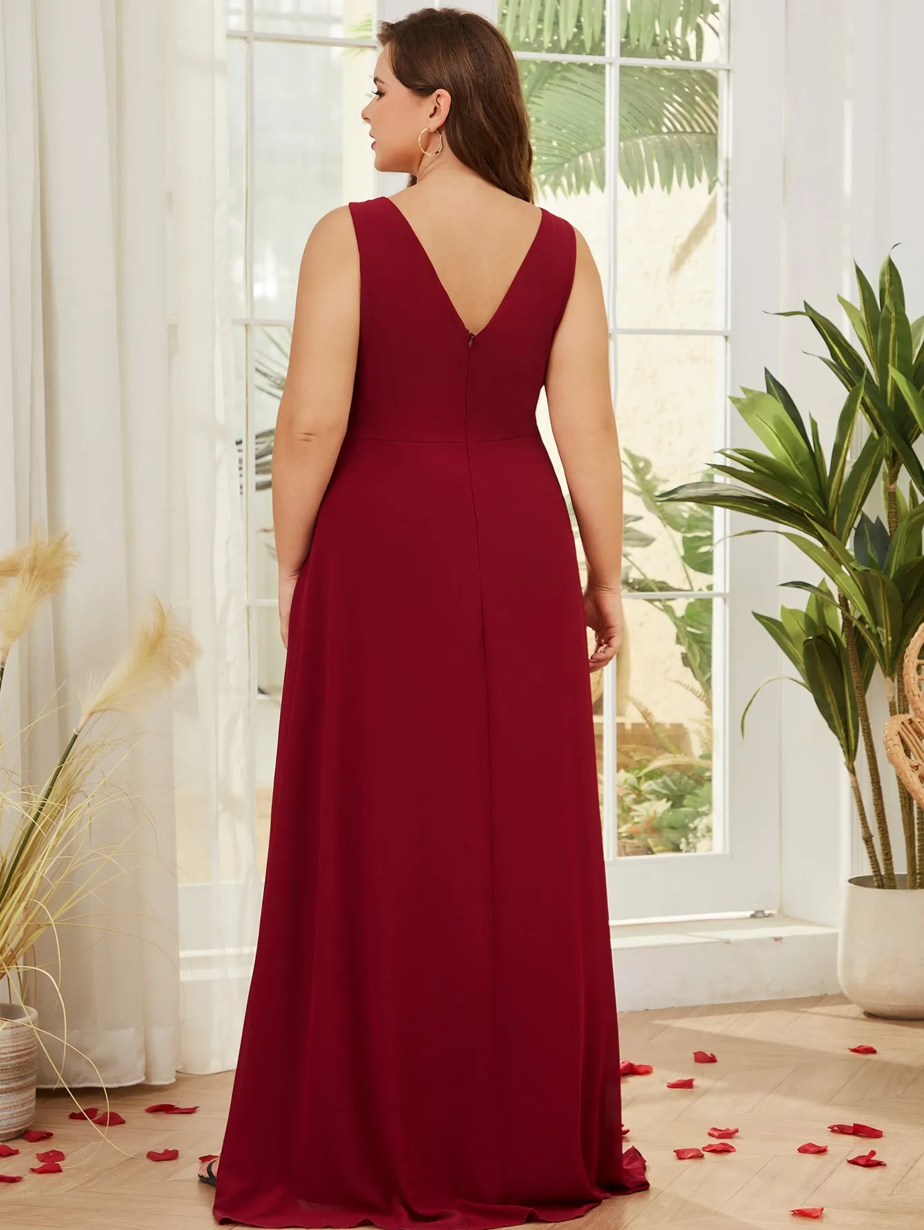 Women Plus Size V-neck Chiffon Split High Low Bridesmaid Dresses