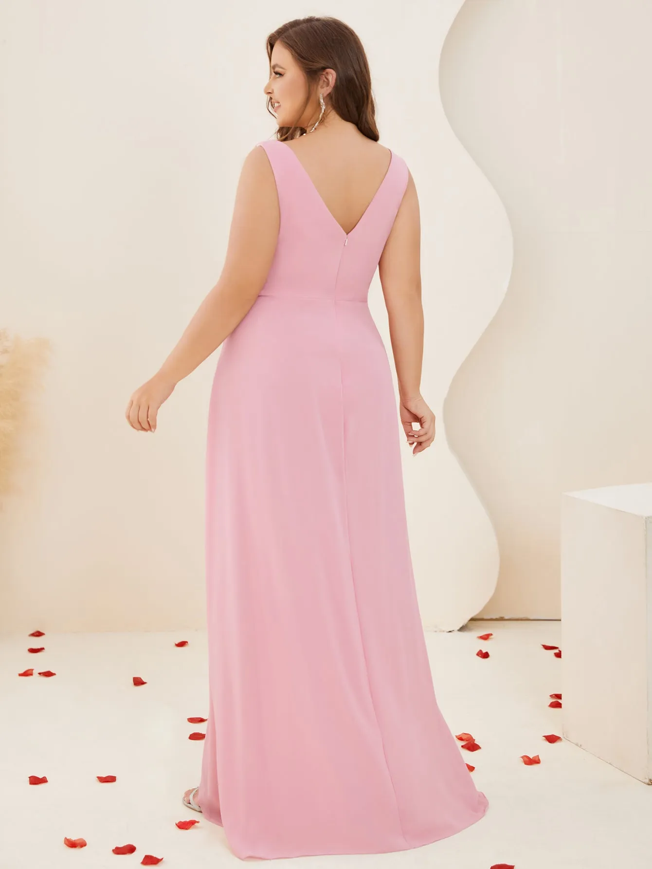 Women Plus Size V-neck Chiffon Split High Low Bridesmaid Dresses