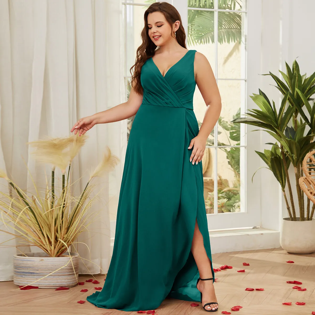 Women Plus Size V-neck Chiffon Split High Low Bridesmaid Dresses